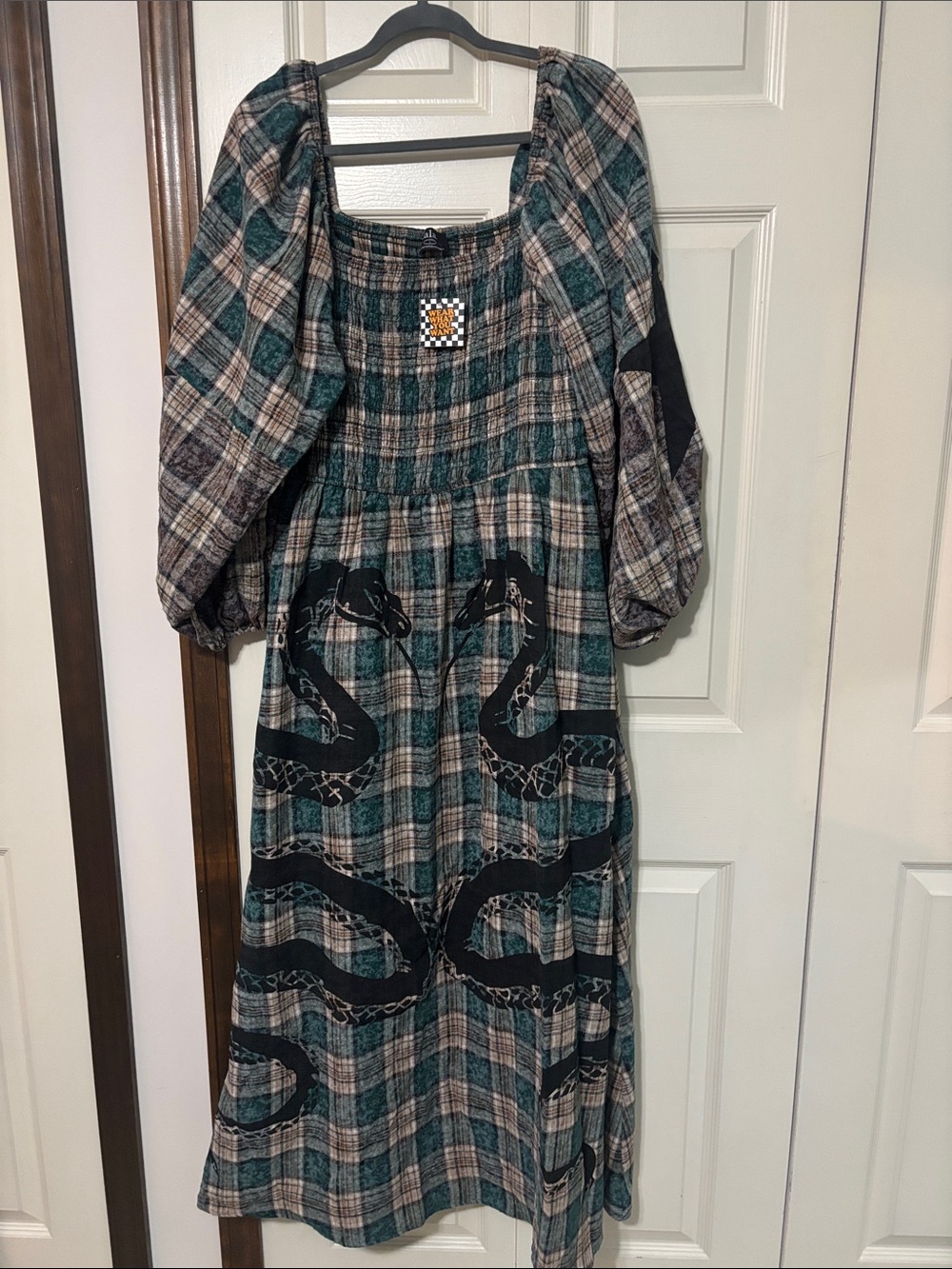 DIL NWT Sweet Revenge Smocked Plaid Snake Dress - green and tan - Picture 6 of 8